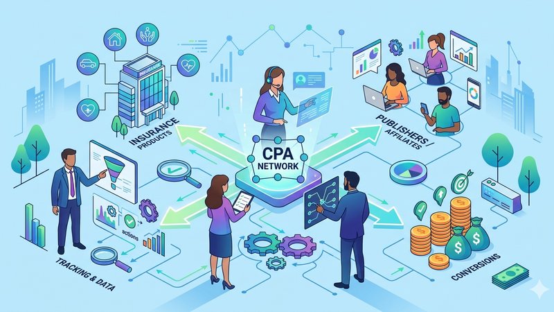 Современная бизнес-иллюстрация о запуске CPA-сети для страховой компании в стиле аффилиат-маркетинга